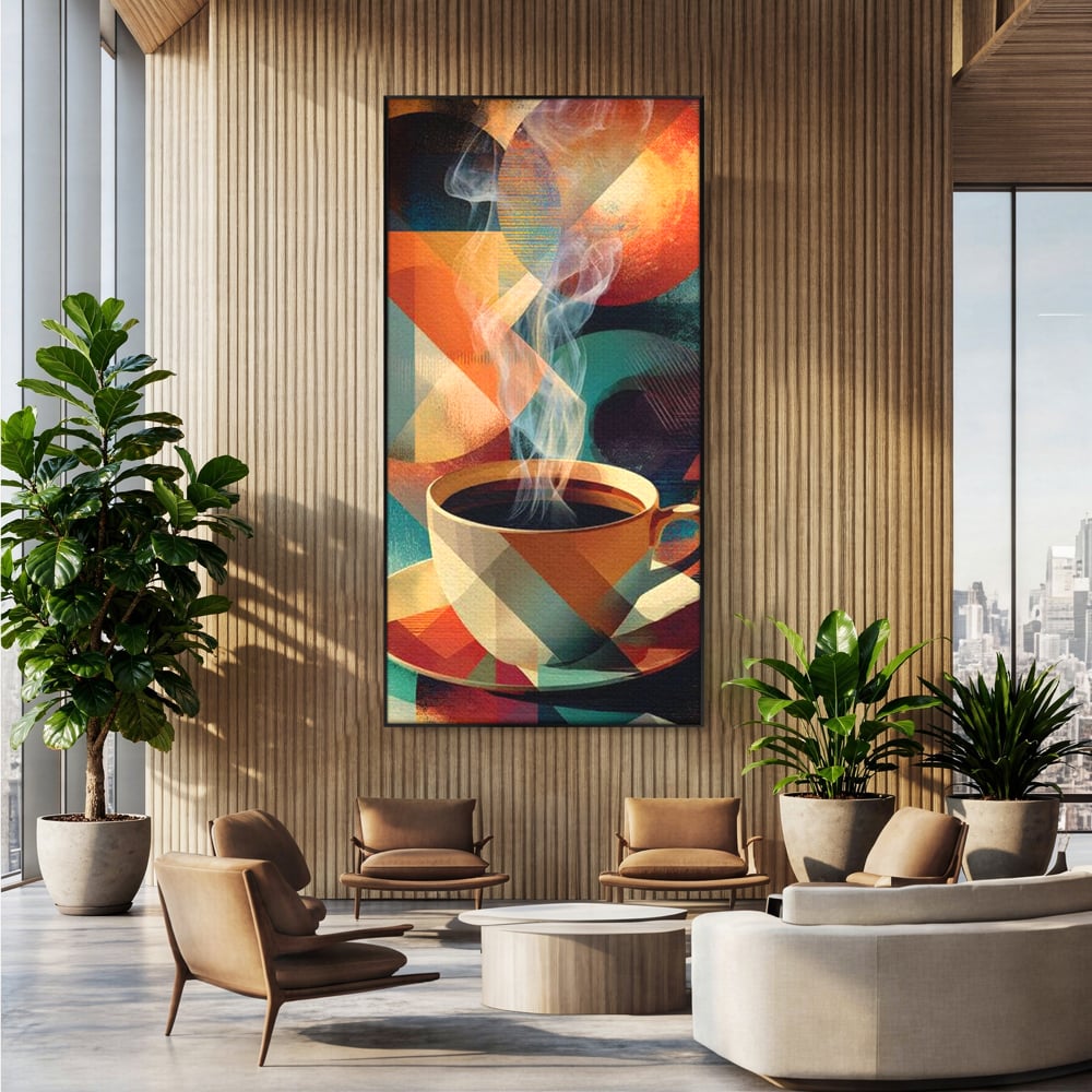 Tablou canvas cu ilustratie abstracta cu ceasca de cafea, in rama de aluminiu negru, pe perete intr-un birou